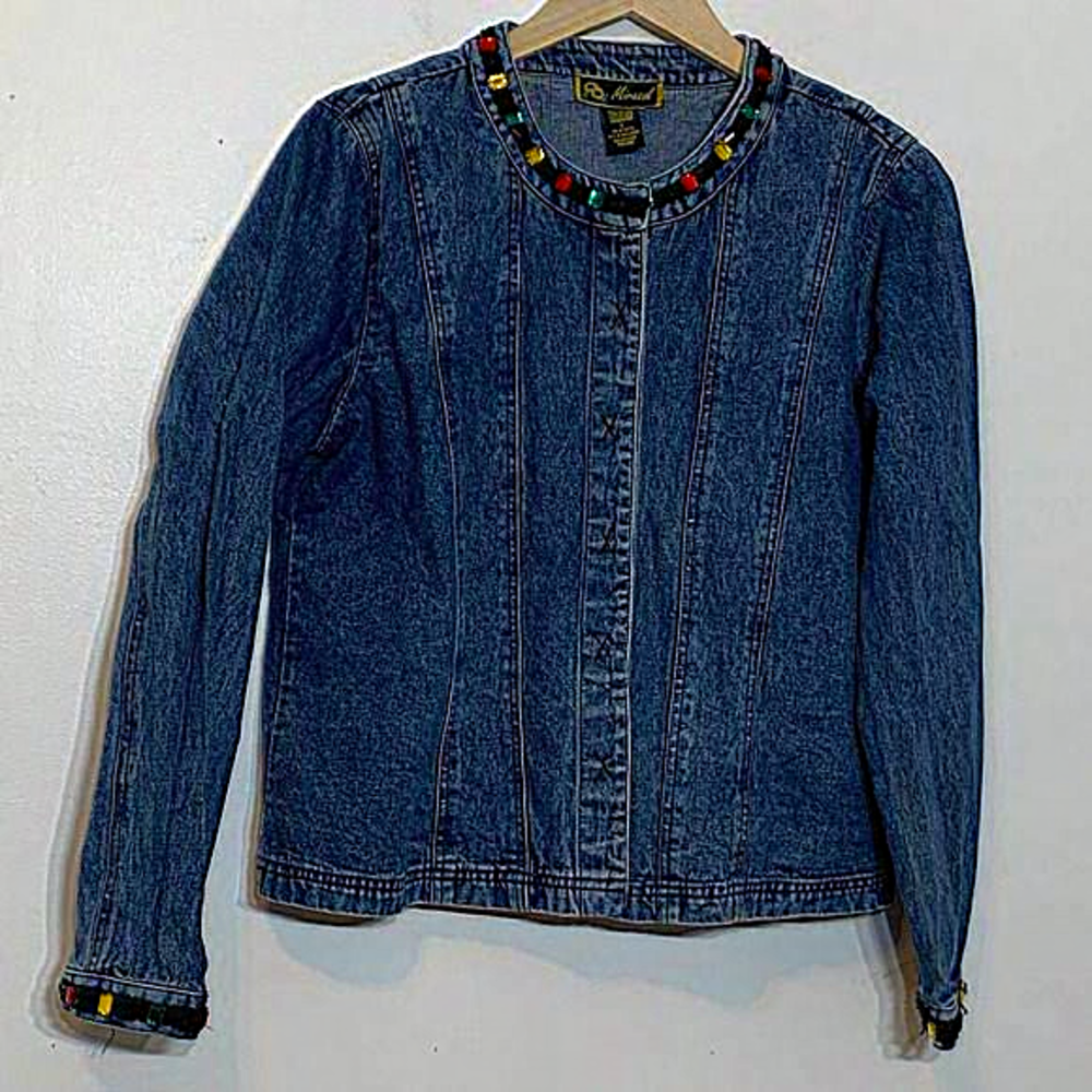 EUC Vintage 90s Mirasol Ribbon and Rhinestone Embellished Denim Jean Jacket